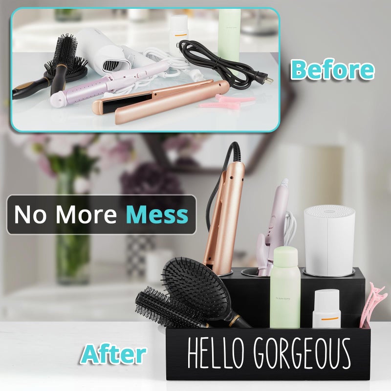 Bivvclaz Hair Tool Organizer Wall Mount  Wooden Hair Dryer Holder Countertop  Hot Tools Organizer for Hair Styling Accessories  Bathroom Supplies Vanity Caddy for Curling Wand  Blow Dryer  Black - Image 4